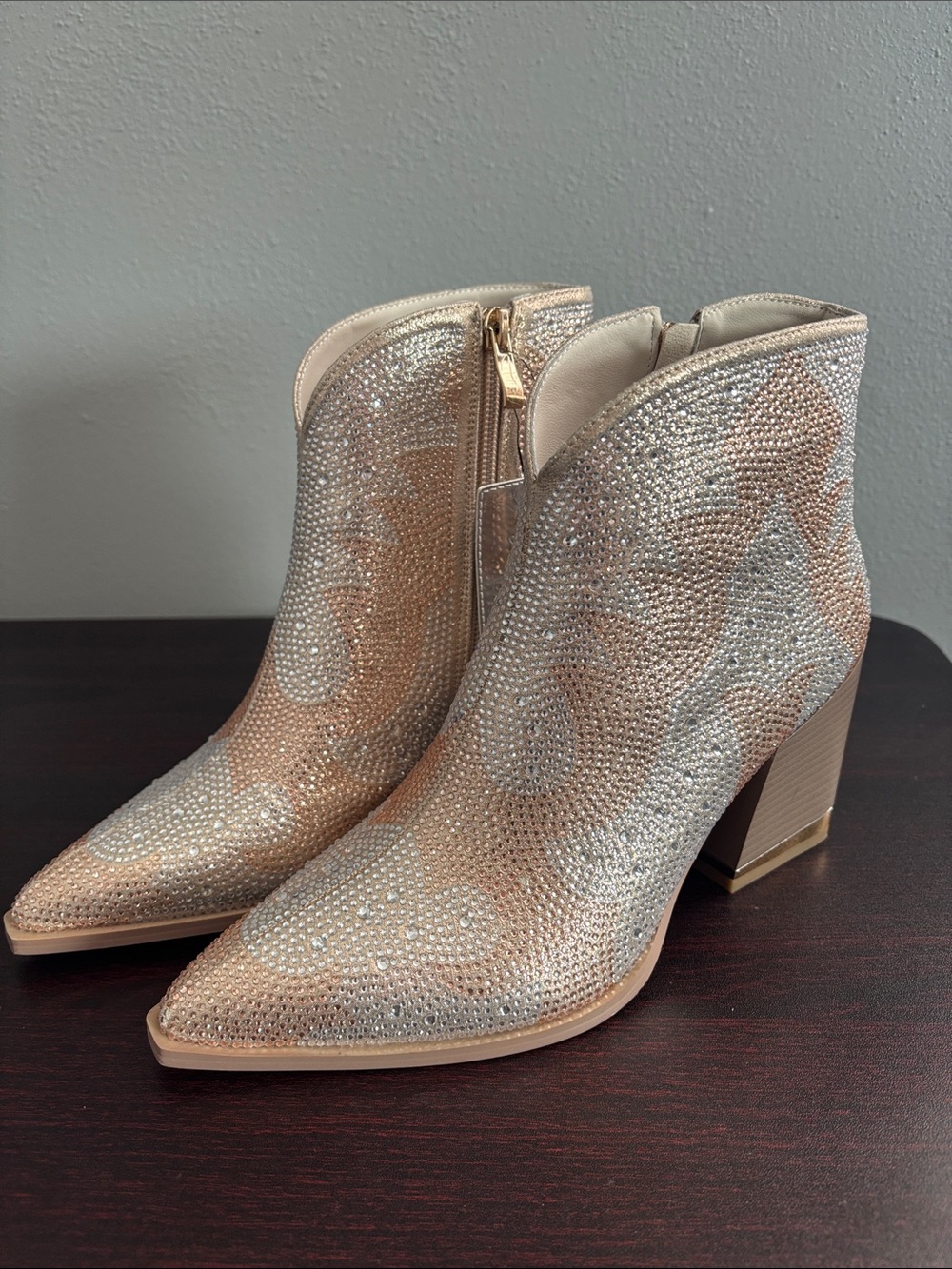London Rag Zarka Gold Rhinestones Embellished Block Heel Boots